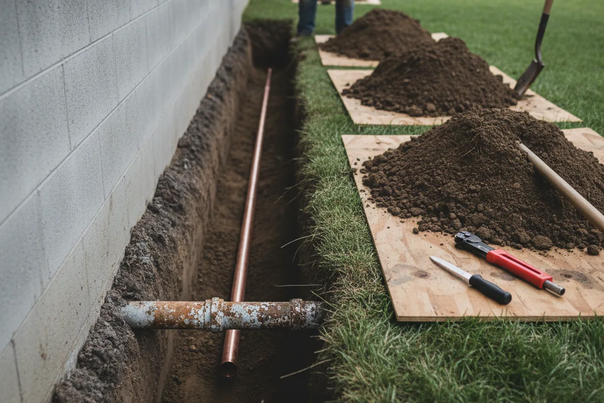Excavated water line trench during Water Heater Repair in Bayside